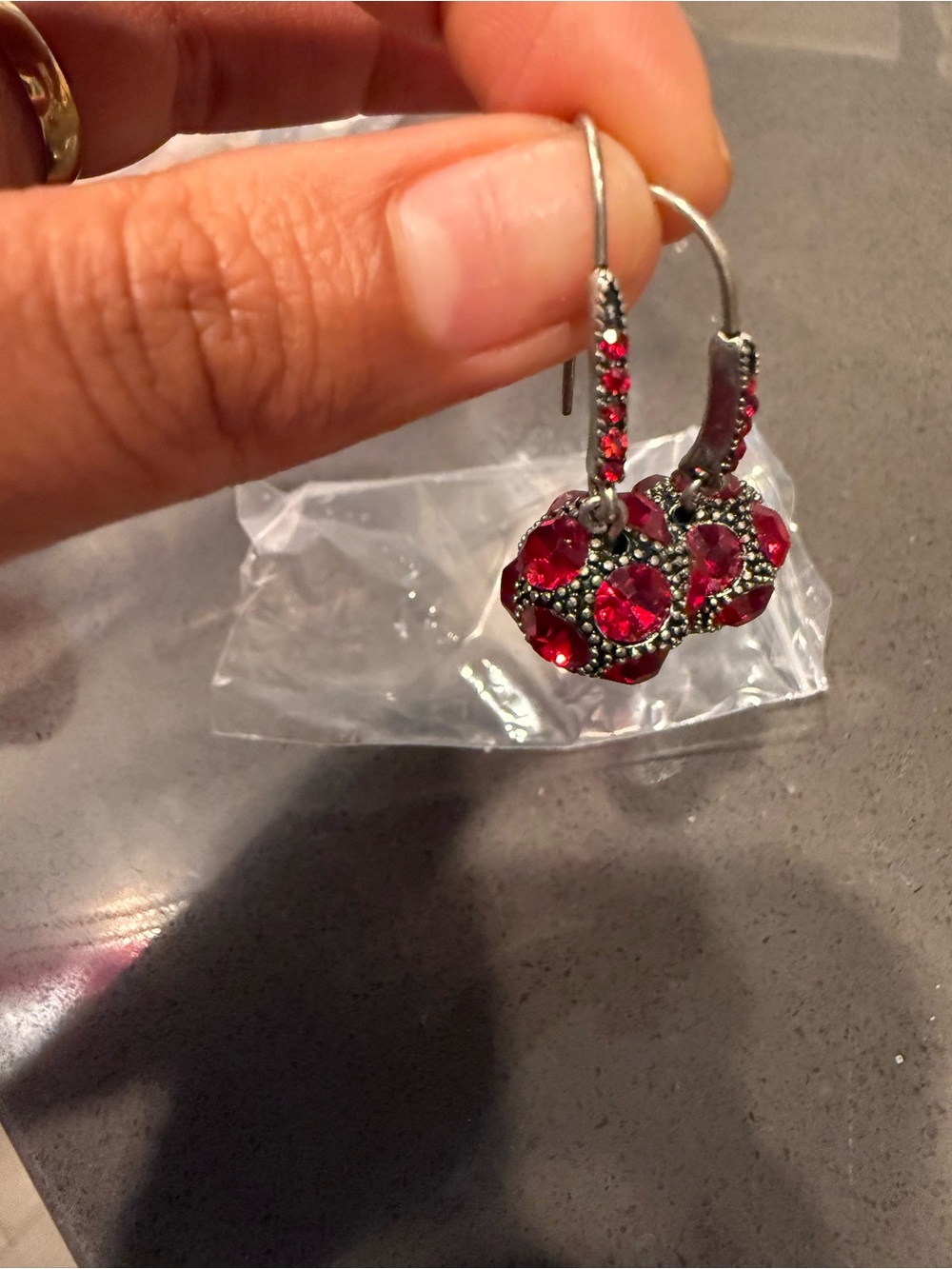 Silver Drop Earrings with Red Crystals - Picture 3 of 3